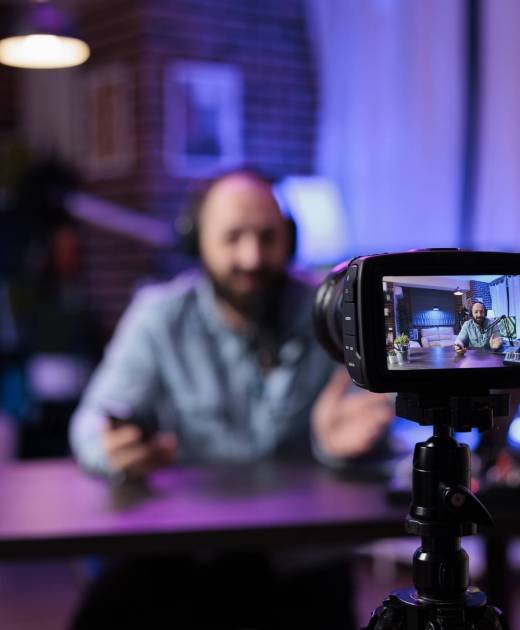 Vlogging creator using camera to record podcast episode in filming studio with modern equipment. Online influencer recording live video discussion to have fun on internet channel. Livestream.